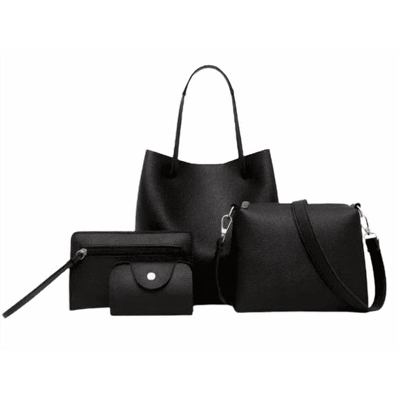 Women's PU Leather Tote Set, 4-Piece, Black