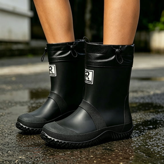 Women's PVC Mid Calf Drawstring Rain Boots Non Slip Deep Tread Sole Gardening Shoes Solid Color for Backyard Planting Rainy Field Trips Black 46