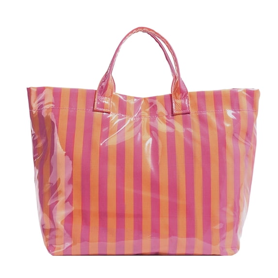 Women’s PVC Tote Bag, Striped Tote Bag, Waterproof Travel Beach Tote with Handles, Large Capacity Summer Pool Bag