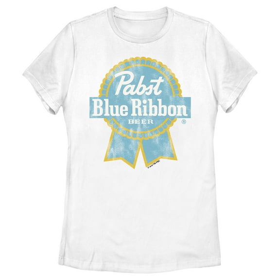 Women's Pabst Yellow Blue Ribbon Logo  Graphic Tee White Small