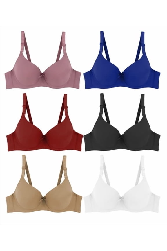 Women's Pack of 6 Plain Color Soft Pad Adjustable Full Cup Bra Set 8812 (34B)