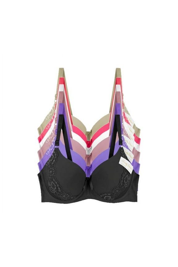 Women's Pack of 6 Solid Color Soft Pad Lace Detail Full Cup Bra Set 8221 (40,DD)