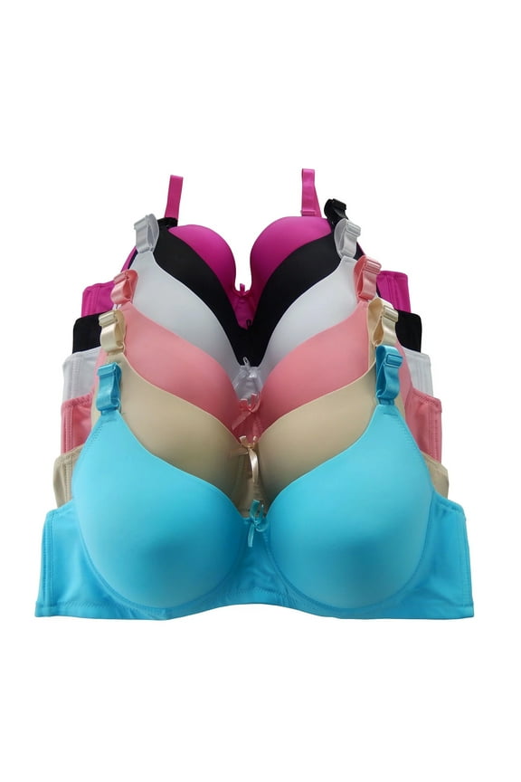 Women's Pack of 6 Solid Color Soft Pad Supportive Full Cup Bra Set 8222 (38,DD)