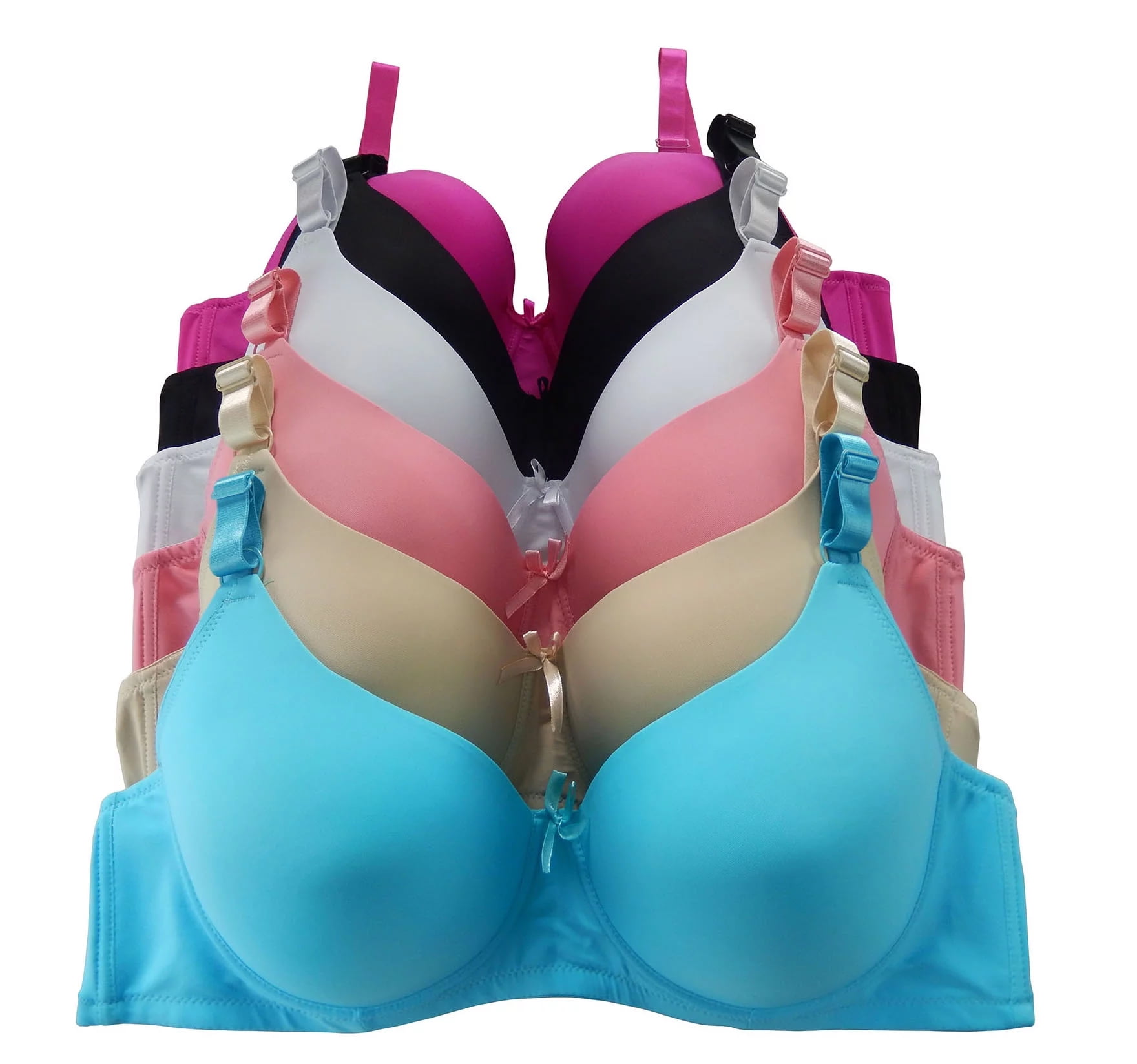 Women's Pack of 6 Solid Color Soft Pad Supportive Full Cup Bra Set 8222 (38,D)