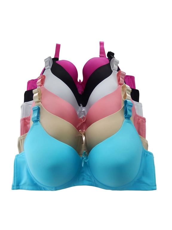 Women's Pack of 6 Solid Color Soft Pad Supportive Full Cup Bra Set 8222 (46,DDD)