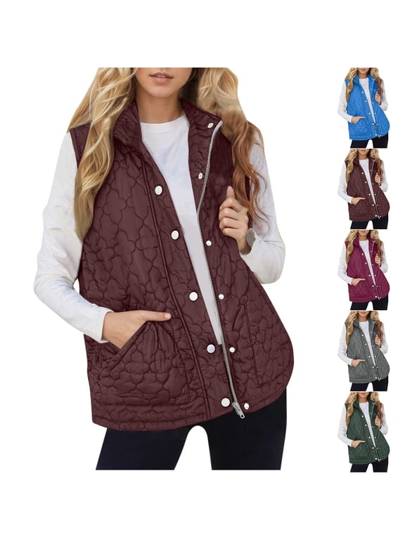 Women's Packable Coat Quilted Vest Jacket Stand Collar Zip Up Snap Button Sleeveless Puffer Gilet Casual Lightweight Warm Windproof Layering Waistcoat with Pockets