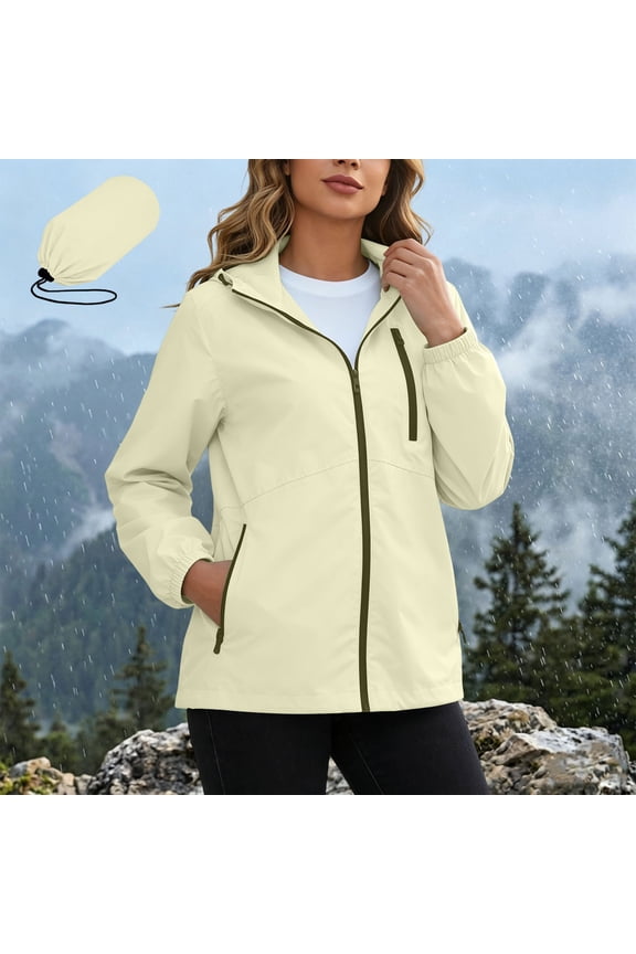 Women's Packable Hooded Windbreaker Lightweight Full Zip Elastic Cuff Outdoor Travel Jacket with Zip Pockets Matching Storage Bag Khaki S