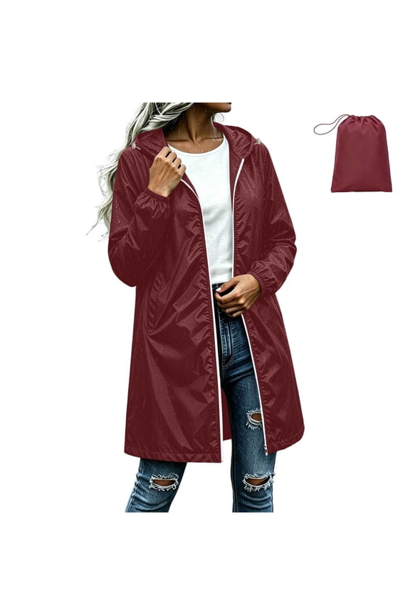 Women's Packable Jackets Mid Length Waterproof Rain Windbreaker Lightweight Full Zip Coats with Elastic Cuff Wine S