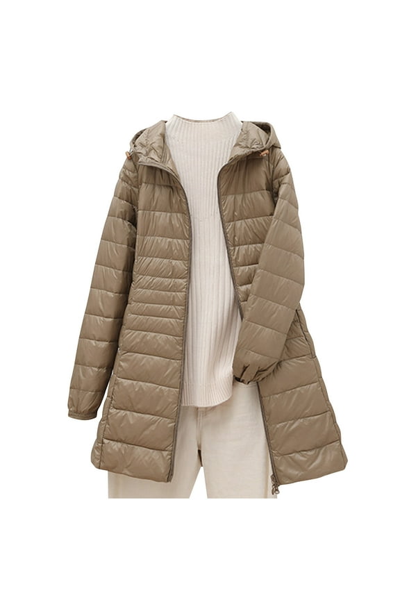 Women's Packable Lightweight Coat Full-Zip Puffer Jacket with Hood Quilted Winter Mid Length Coat Slim Plus Size Thin Jacket Long Warm Winter Coats for Women S-50 Khaki 4XL