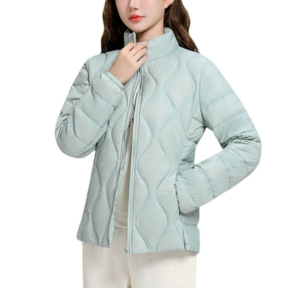 Women's Packable Lightweight Coat Full-Zip Puffer Jacket Stand Collar Quilted Winter Short Coat Slim Plus Size Thin Jacket S-176 Light Blue 4XL