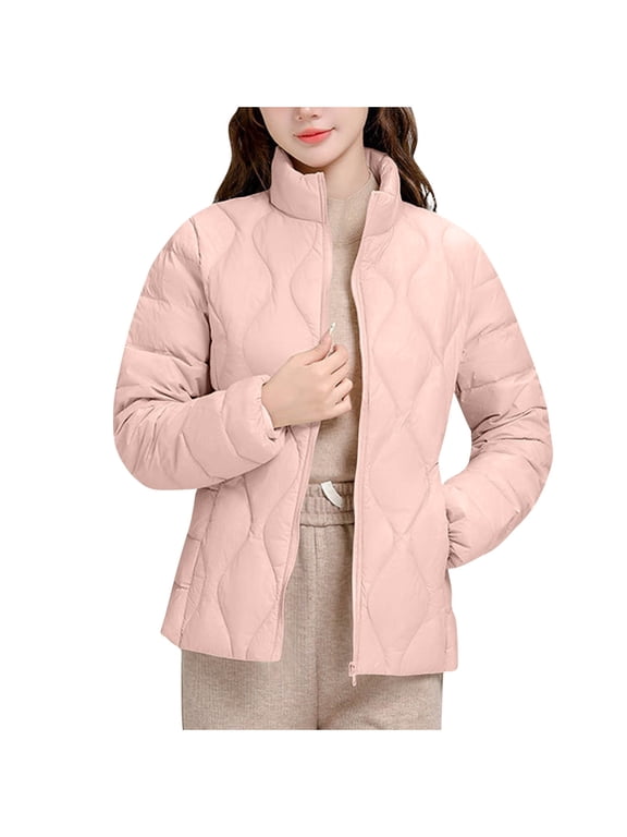 Women's Packable Lightweight Coat Full-Zip Puffer Jacket Stand Collar Quilted Winter Short Coat Slim Plus Size Thin Jacket Women's Fashion Winter Coats S-176 Pink-a M