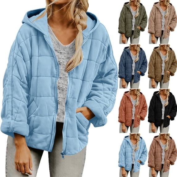 Women's Packable Lightweight Full-Zip Puffer Jacket with Hood Quilted Winter Coat,Oversized Loose Casual Warm Wind Resistant Outerwear With Side Pockets