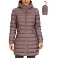 thumbnail image 1 of Women's Packable Puffer Coat - Lightweight Puffer Coat Hooded Long Puffer Coat Winter Warm Puffer Jacket with Metal Zipper (Coffee, XXL), 1 of 8