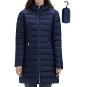 Women's Packable Puffer Coat - Lightweight Puffer Coat Hooded Long Puffer Coat Winter Warm Puffer Jacket with Metal Zipper (Navy Blue, M)