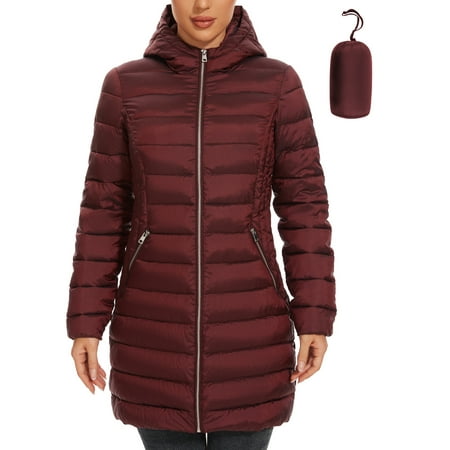 Women's Packable Puffer Coat - Lightweight Puffer Coat Hooded Long Puffer Coat Winter Warm Puffer Jacket with Metal Zipper (Wine Red, M)