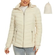 Women's Packable Puffer Jacket Lightweight Puffer Jacket Winter Warm Puffer Jacket with Detachable Hood (Ivory, M)