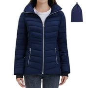 Women's Packable Puffer Jacket Lightweight Puffer Jacket Winter Warm Puffer Jacket with Detachable Hood (Navy, M)