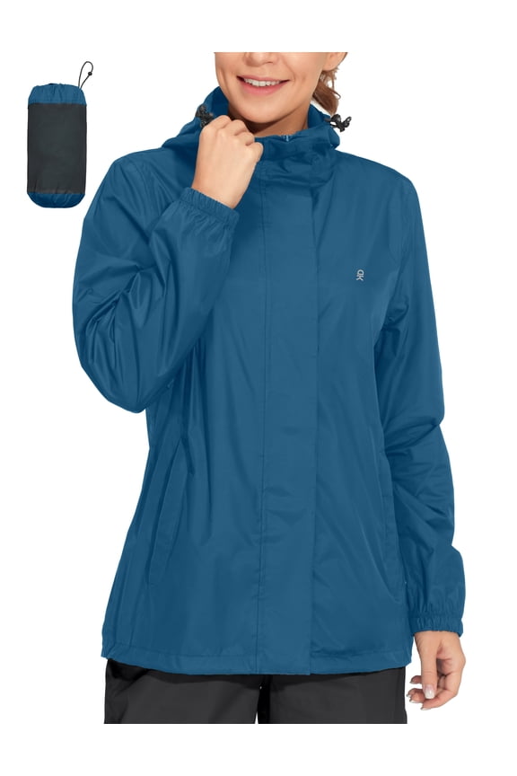 Women's Packable Rain Jacket Lightweight Waterproof Hooded Windbreaker for Hiking Travel Fishing Classic Blue XL