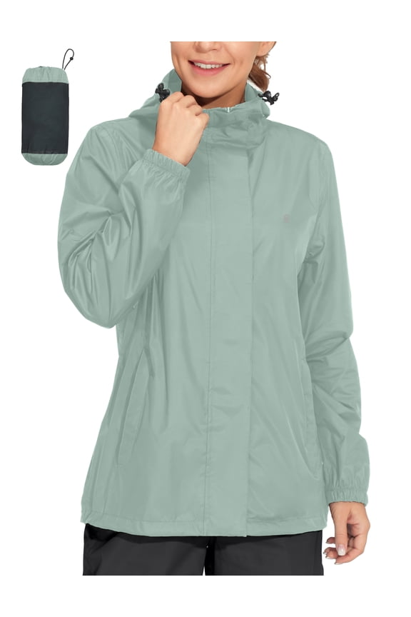 Women's Packable Rain Jacket Lightweight Waterproof Hooded Windbreaker for Hiking Travel Fishing Dusty Sage Green S