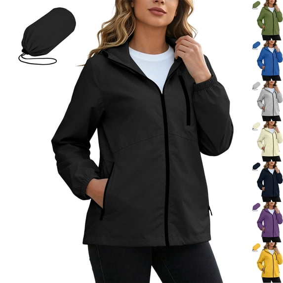 Women's Packable Rain Jacket Waterproof Hooded Full Zip Lightweight Windbreaker Soft Shell with Zipper Pockets for Hiking Travel Outdoor Camping, Black, M