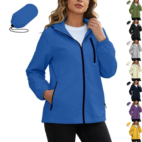 Women's Packable Rain Jacket Waterproof Hooded Full Zip Lightweight Windbreaker Soft Shell with Zipper Pockets for Hiking Travel Outdoor Camping, Blue, XL