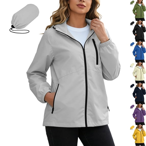 Women's Packable Rain Jacket Waterproof Hooded Full Zip Lightweight Windbreaker Soft Shell with Zipper Pockets for Hiking Travel Outdoor Camping, Gray, M