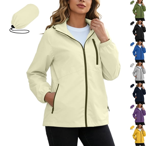 Women's Packable Rain Jacket Waterproof Hooded Full Zip Lightweight Windbreaker Soft Shell with Zipper Pockets for Hiking Travel Outdoor Camping, Khaki, XL