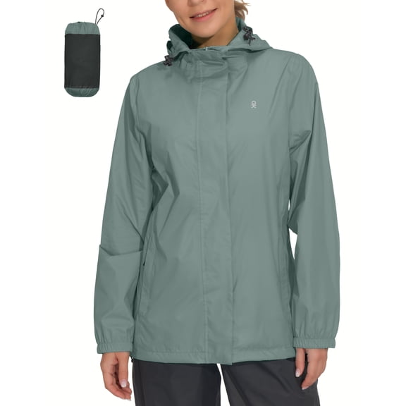 Women's Packable Rain Jacket Windbreaker Waterproof Lightweight Rain Coat with Hood for Golf Cycling Hiking Pale Aqua L