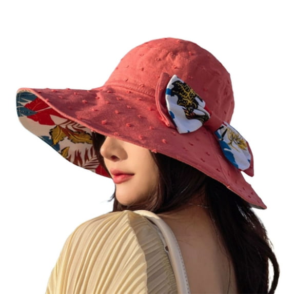 Women's Packable Reversible Bucket Hat UV Sun Protection Wide Brim Summer Beach Cap Bow Sun Hat