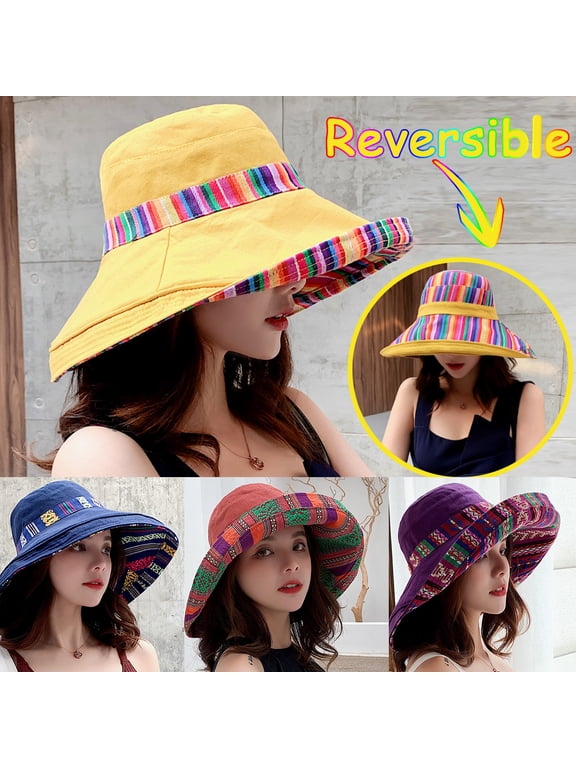 Women's Packable Reversible Bucket Hat UV Sun Protection Wide Brim Summer Beach Cap