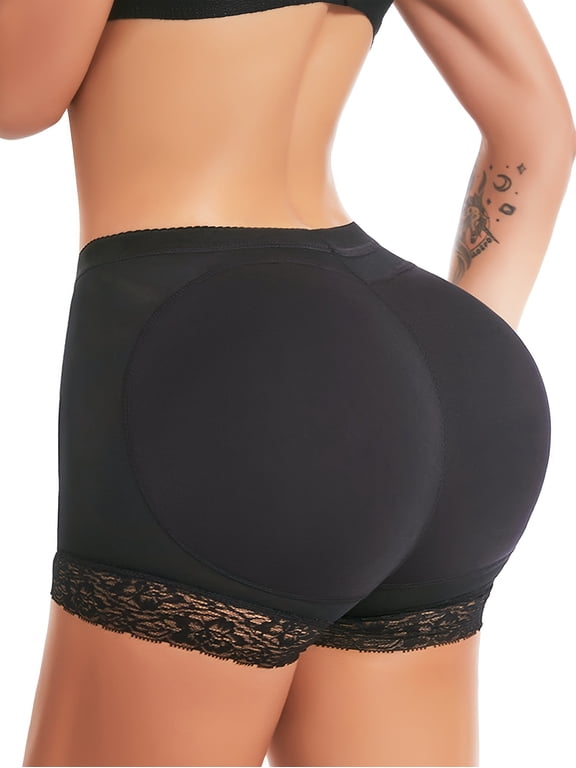 Women's Padded Butt Lifter Shaping Panties, Seamless Tummy Control Lace Boyshorts with Removable Pads Black