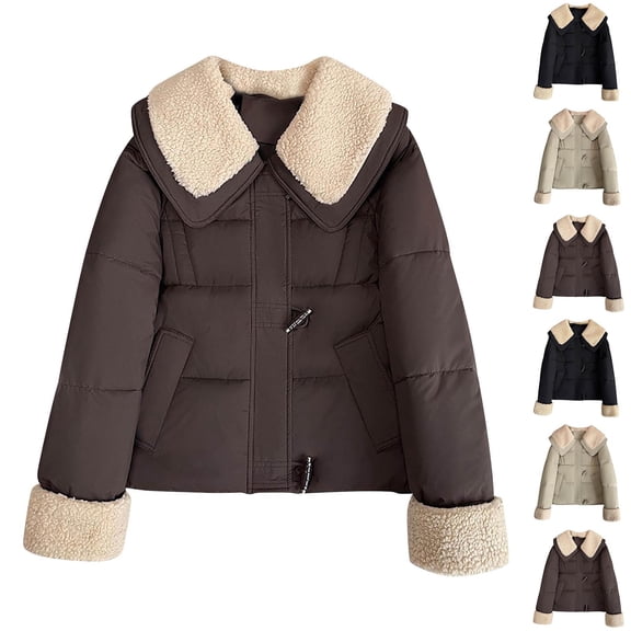 Women's Padded Jacket Winter Casual Solid Color Long Sleeve Thickened Velvet Jacket with Pockets Outdoor Dressy Coat Outerwear