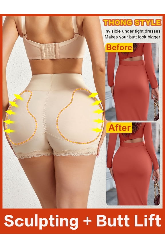 Women's Padded Lace Shaping Panties High Waist Hip Tummy Control Boyshorts Removable Sponge Pad Body Shaper Shorts