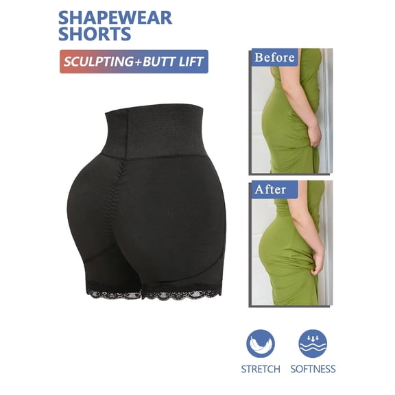 Women's Padded Lace Shaping Panties High Waist Hip Tummy Control Boyshorts Removable Sponge Pad Body Shaper Shorts