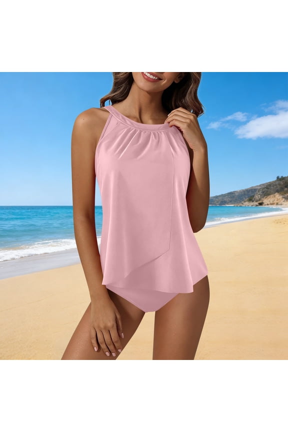 Women's Padded Modest Color Block Tankini Set Off Shoulder Backless Strap for Beach Pool Summer Vacation Resort Water Activities Pink L