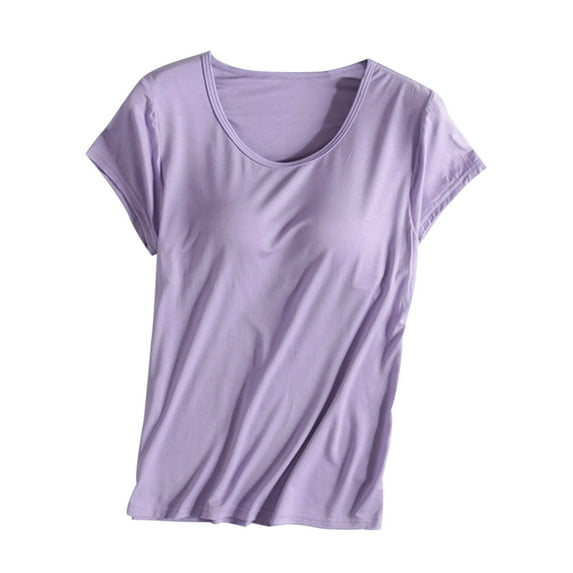Husipze Women's Padded T-Shirt with Built In Bra Ladies Solid Color Short Sleeve Crew Neck Yoga Sports T-shirt Light Purple XL