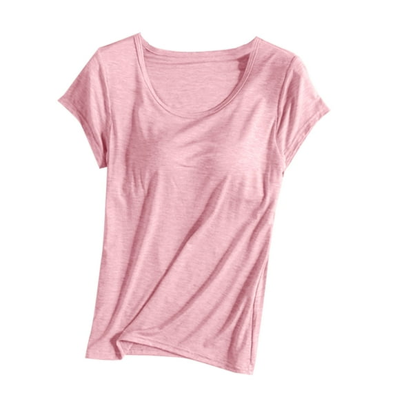 Women's Padded T-Shirt with Built In Bra Ladies Solid Color Short Sleeve Crew Neck Yoga Sports T-shirt Pink XL