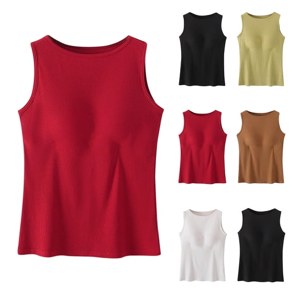 Women's Padded Tank Top Wide Strap Built-in Bra, Slim Fit Sleeveless Summer Vest, Solid Color Base Layer, Shoulder Shaping Ribbed Shirt, Breathable Camisole