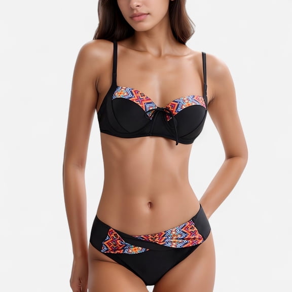 Women's Padded Underwire Bikini Set Adjustable Strap Sweetheart Neckline Top and Crossover Waist Bottom - Large, Black