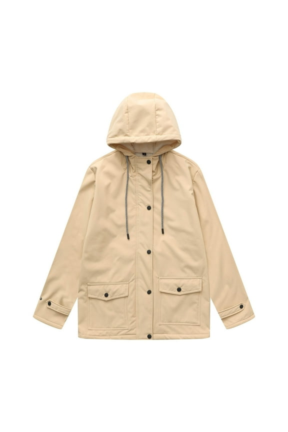 Women's Padded Waterproof Down Jacket Hooded Drawstring Zipper Button Outwear Solid Color Warm Pocket Down Jacket Coat