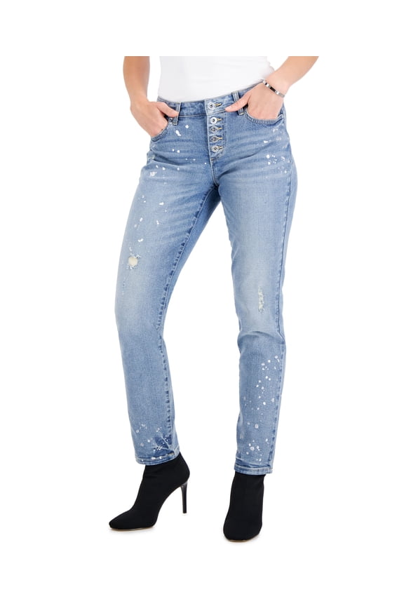 Women's Paint-Splatter Mid-Rise Straight-Leg Pants Medium Indigo 16