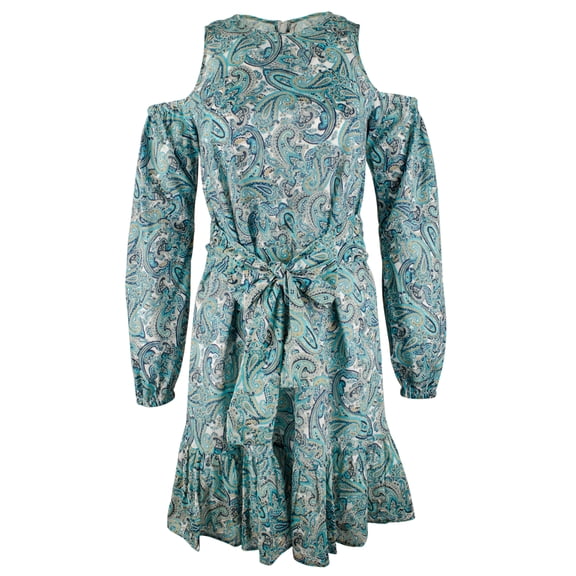 Women's Paisley Cold Shoulder Self Tie Belt Long Sleeved  Dress-MB-L