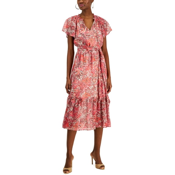 Women's Paisley Flutter-Sleeve Midi Dress Bright Cherry Combo 8