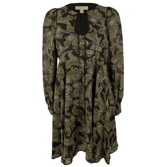 Women's Paisley Georgette Keyhole Neckline Dress Olv 2