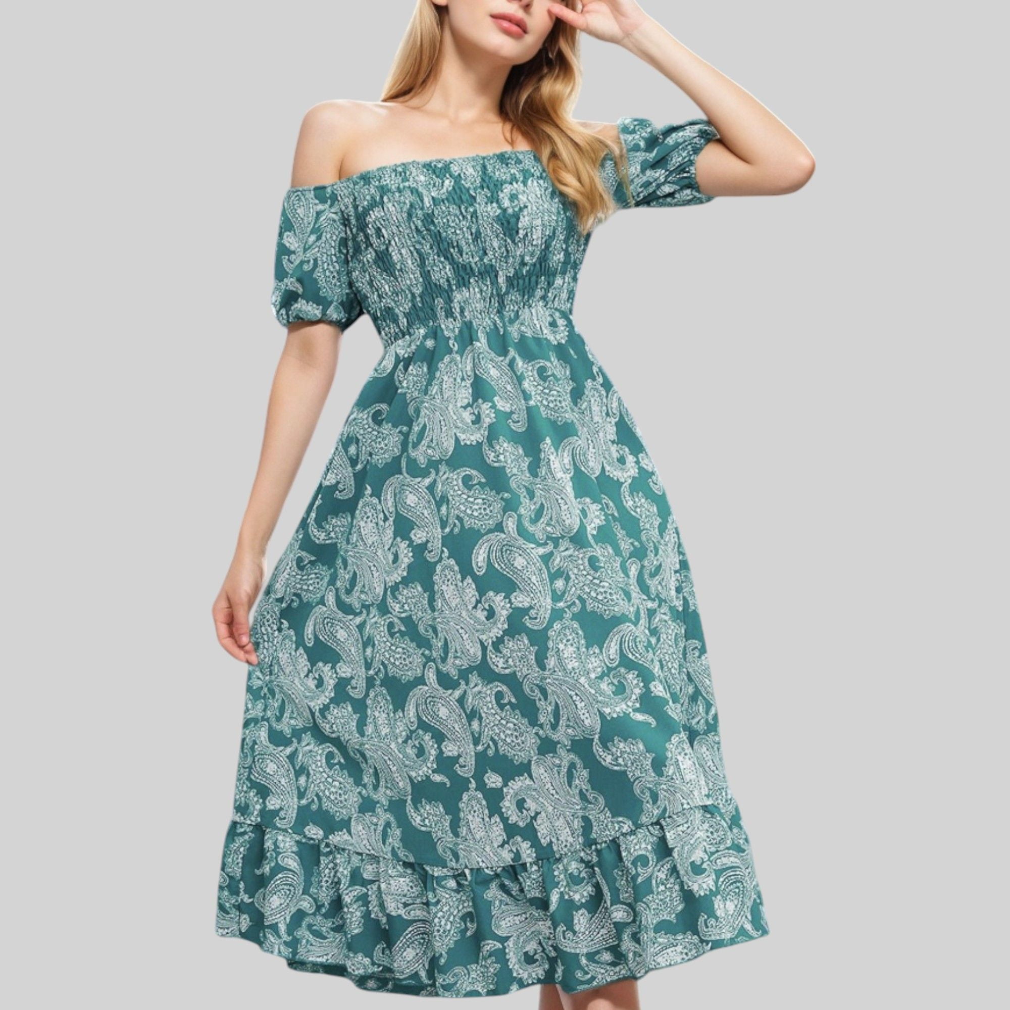knee length dresses for ladies Smocked Bodice Off Shoulder Midi Dress in Red  Sugar & Spice