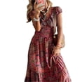 thumbnail image 1 of Women's Paisley Print Cap Sleeve Maxi Dress Plus Size Full Size Tiered Ruffle Stretch Not Lined 50% Polyester, 1 of 4