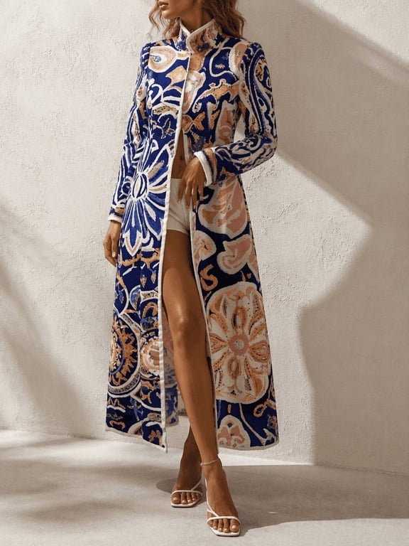 Women's Paisley Print Long Coat with Stand Collar, Contrast Interior and Flared Hem