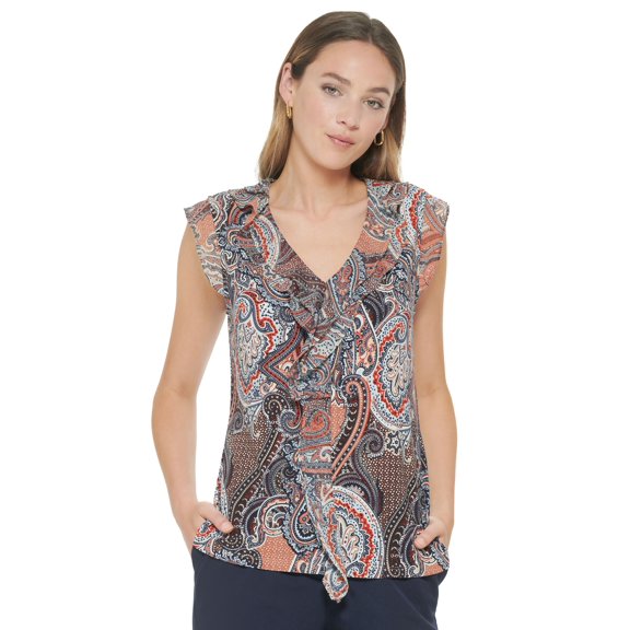 Women's Paisley-Print Ruffled Top Red S