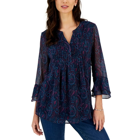 Women's Paisley Ruffle-Sleeve Top Intrepid Blue Combo S