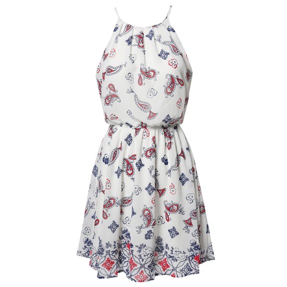 Women's Paisley Strappy Elastic Waistband Lined Chiffon Mini Dress